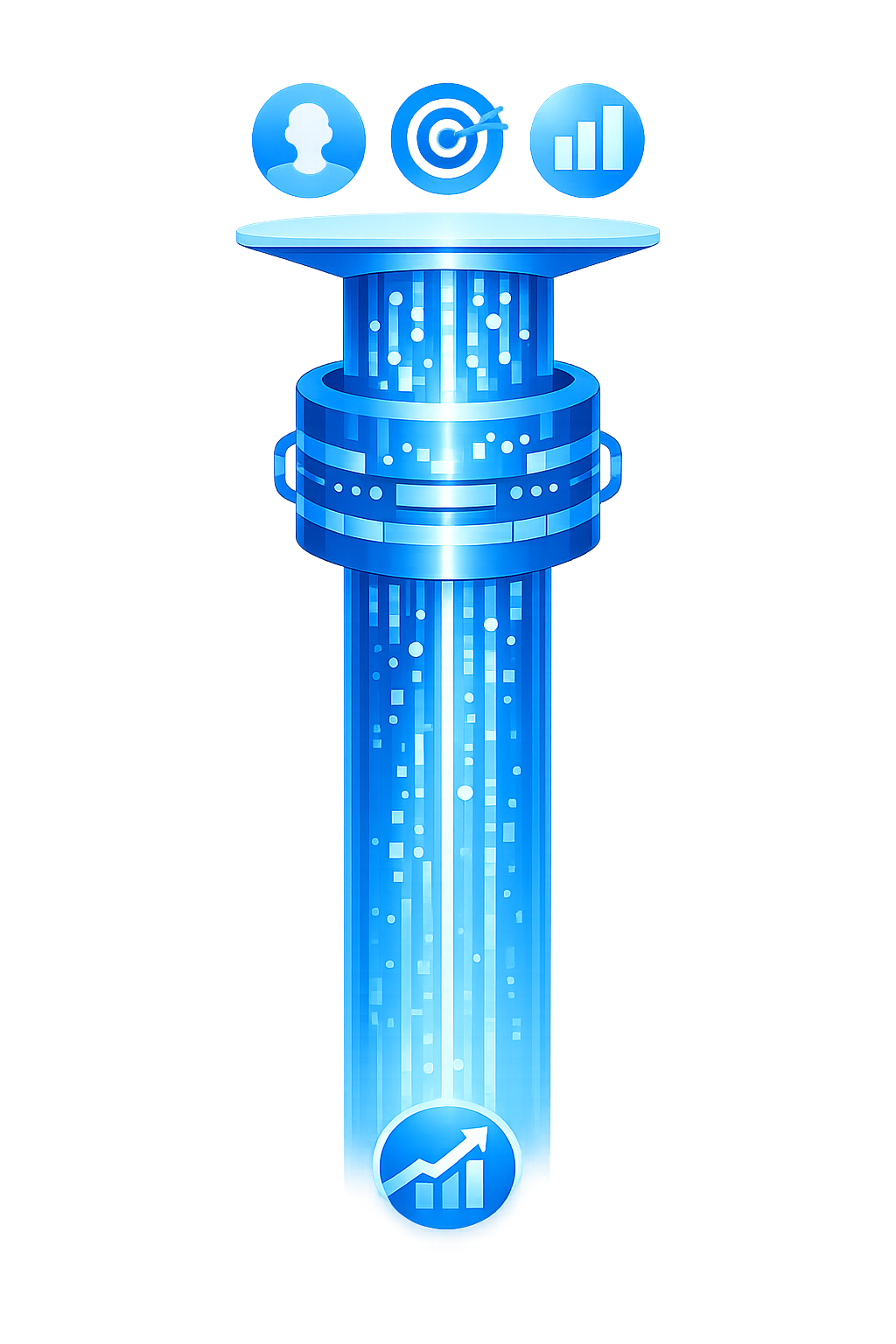 Diagram showing KPAI's app user acquisition methodology: audience targeting inputs flowing through a data processing engine into performance outcomes