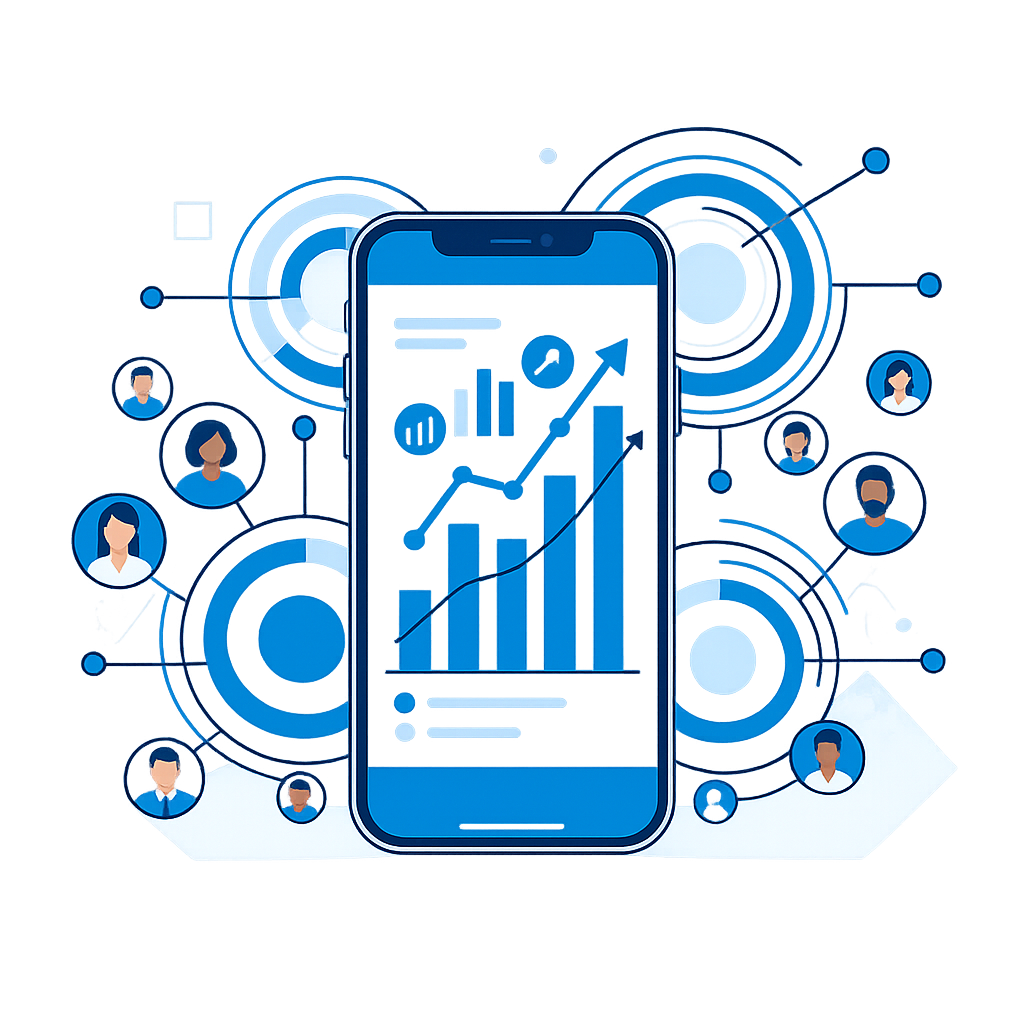 Smartphone displaying app install growth chart with audience targeting and user acquisition data