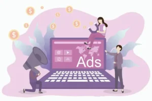 illustration with people and computer to show programmatic advertising